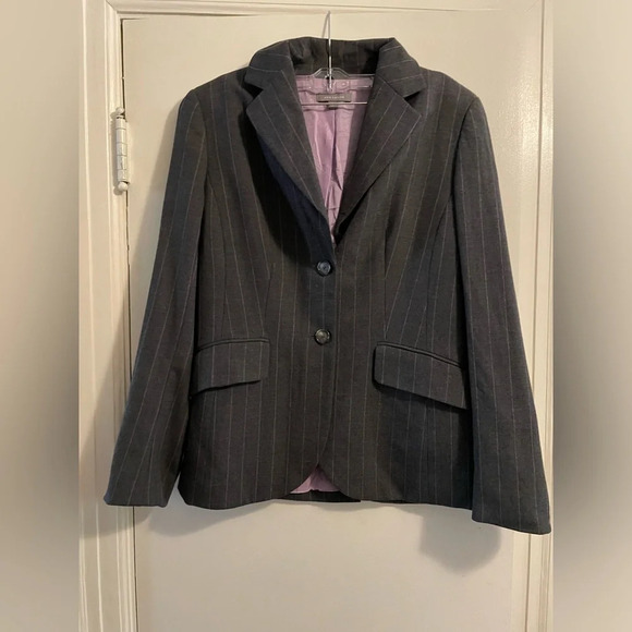 Loft Gray Pinstripe Wool Blazer Light Purple Lining Double Front Pocket Size 6 - Picture 1 of 14